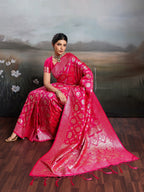 Graceful Rani Pink Floral & Elephant Motif Silk Blend Saree With Zari Weaving & Tassels Pallu