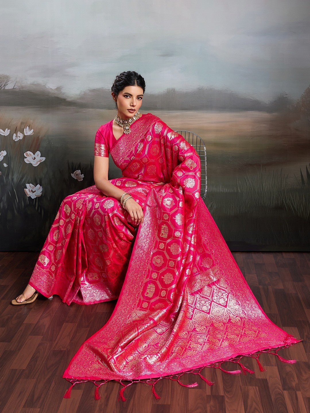 Graceful Rani Pink Floral & Elephant Motif Silk Blend Saree With Zari Weaving & Tassels Pallu