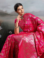 Graceful Rani Pink Floral & Elephant Motif Silk Blend Saree With Zari Weaving & Tassels Pallu