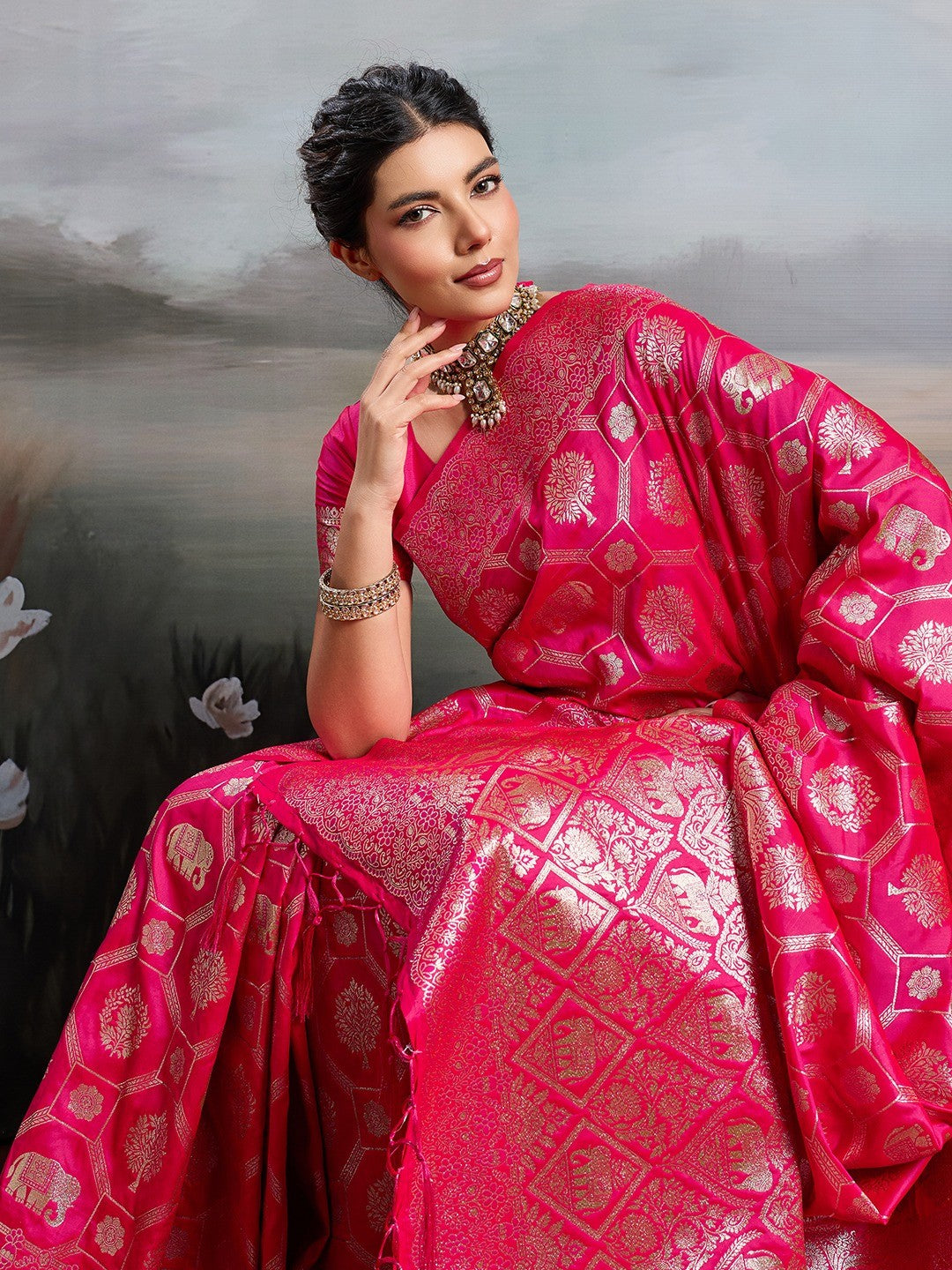 Graceful Rani Pink Floral & Elephant Motif Silk Blend Saree With Zari Weaving & Tassels Pallu