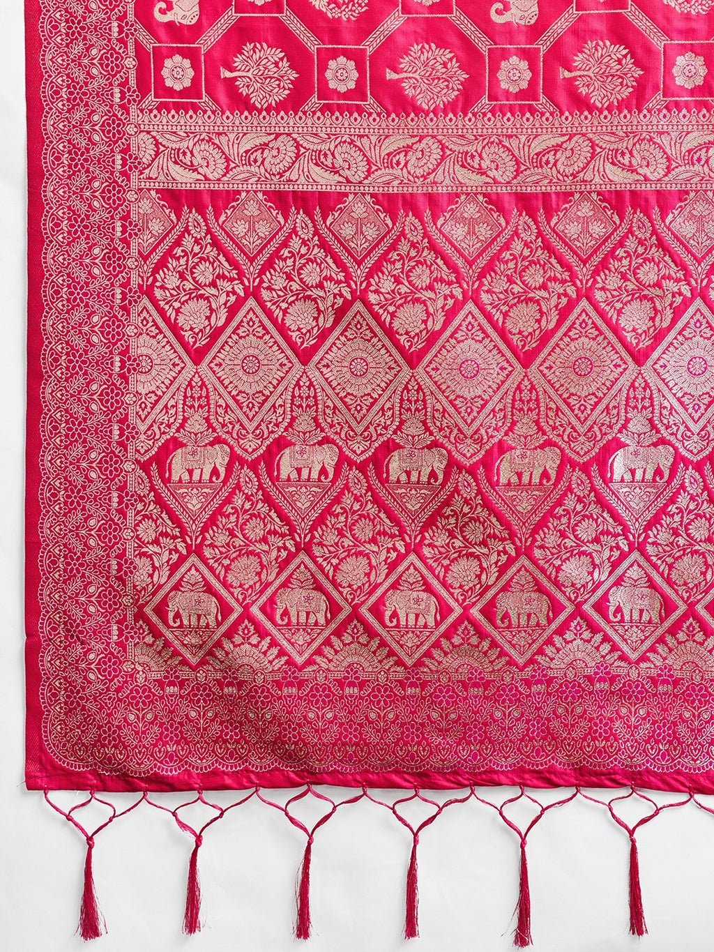 Graceful Rani Pink Floral & Elephant Motif Silk Blend Saree With Zari Weaving & Tassels Pallu