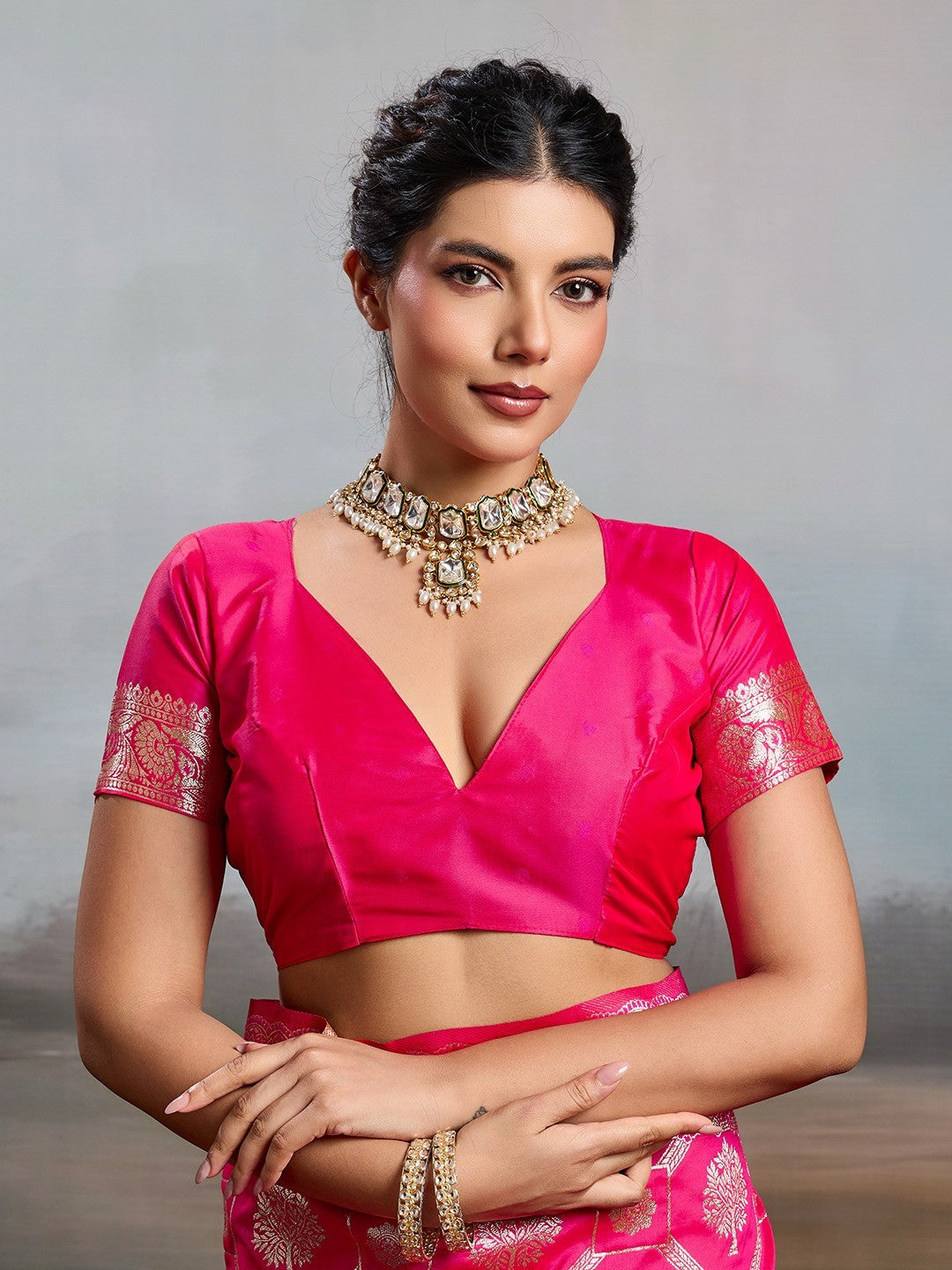 Graceful Rani Pink Floral & Elephant Motif Silk Blend Saree With Zari Weaving & Tassels Pallu