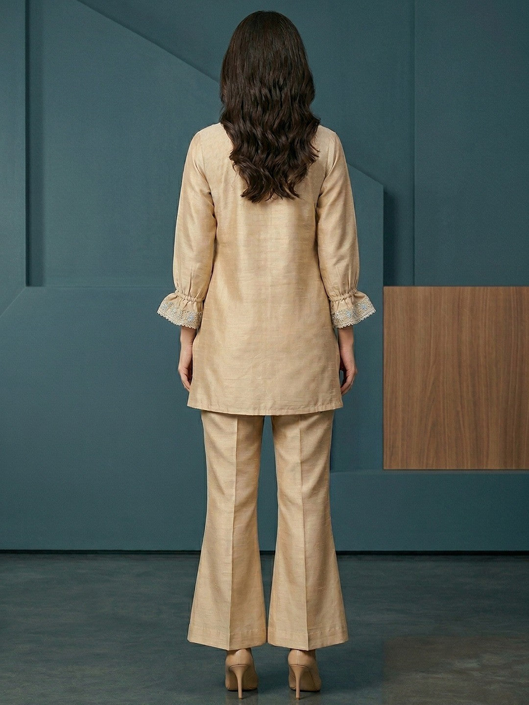 Beige Crepe Straight Fit Top Bottom Set with Elegant Embroidery