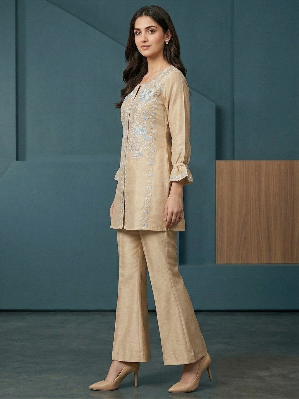 Beige Crepe Straight Fit Top Bottom Set with Elegant Embroidery