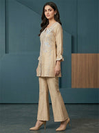 Beige Crepe Straight Fit Top Bottom Set with Elegant Embroidery