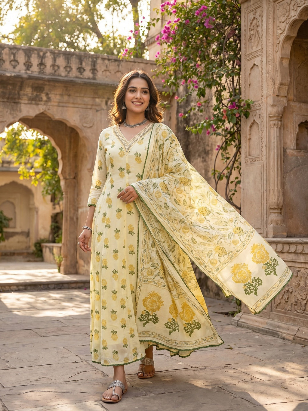 Yellow Floral Printed Mulmul Cotton Anarkali Salwar Suit Set