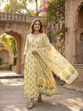 Yellow Floral Printed Mulmul Cotton Anarkali Salwar Suit Set