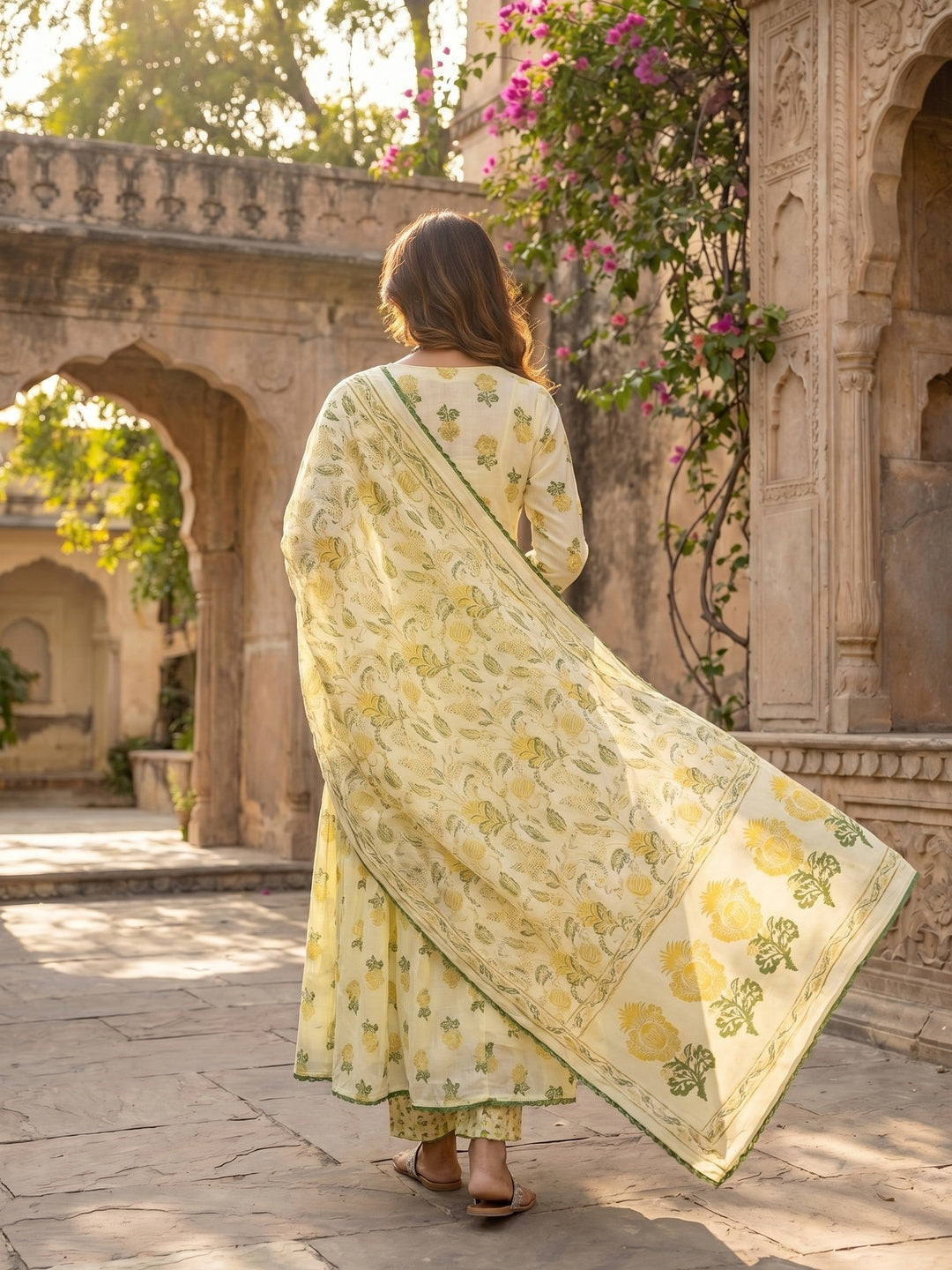Yellow Floral Printed Mulmul Cotton Anarkali Salwar Suit Set
