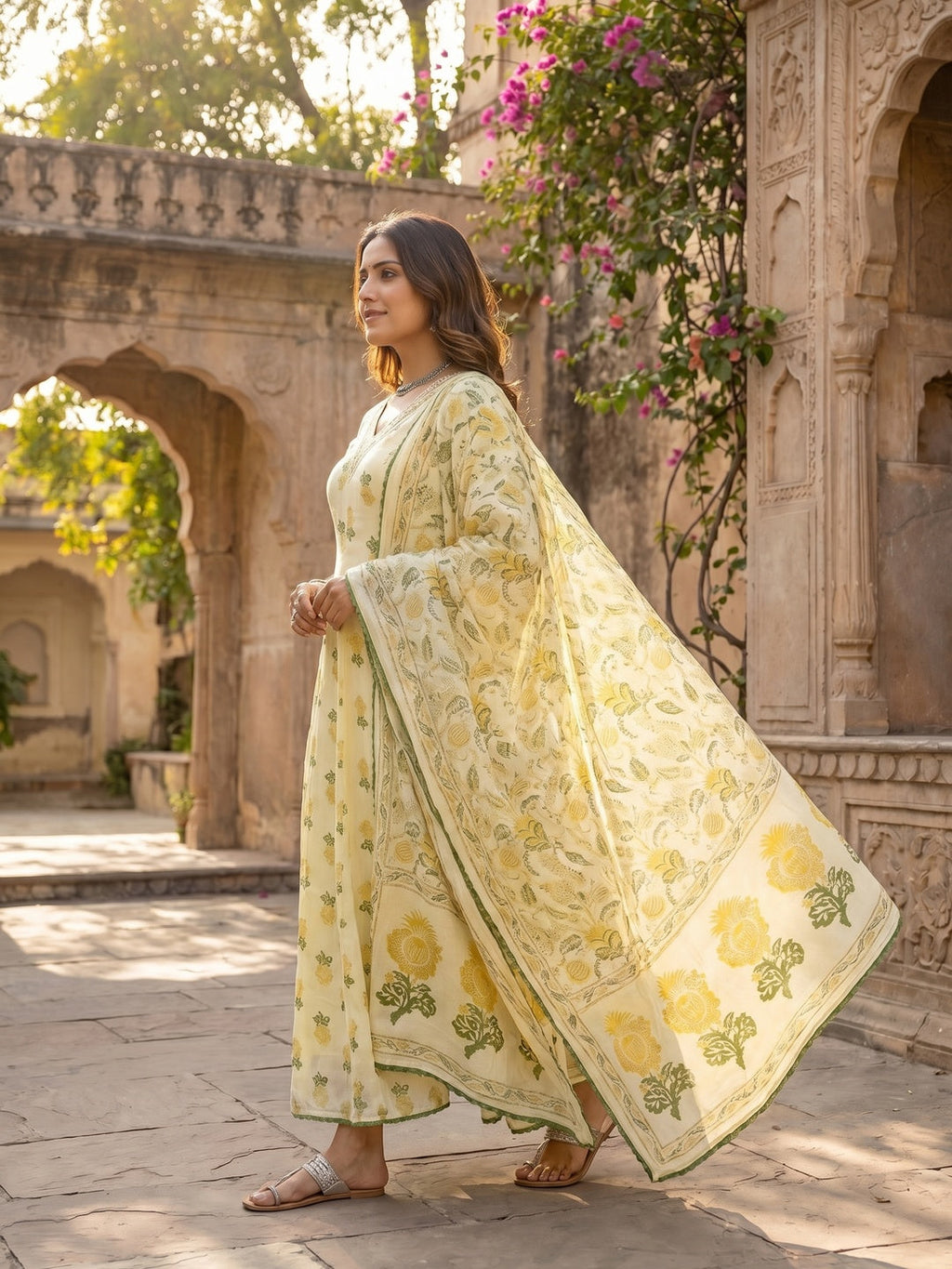 Yellow Floral Printed Mulmul Cotton Anarkali Salwar Suit Set