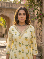Yellow Floral Printed Mulmul Cotton Anarkali Salwar Suit Set