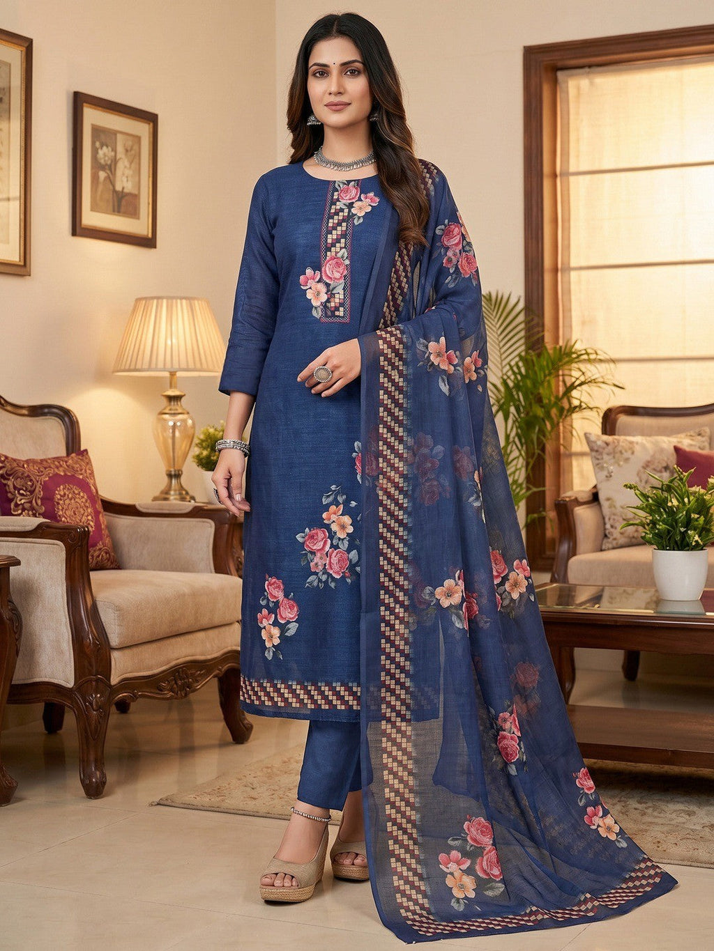 Elegant Navy Blue Floral Printed Linen Cotton Dress Material Featuring Hand Emboidery Work