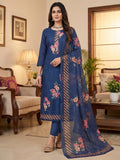 Elegant Navy Blue Floral Printed Linen Cotton Dress Material Featuring Hand Emboidery Work
