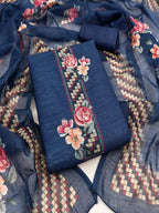 Elegant Navy Blue Floral Printed Linen Cotton Dress Material Featuring Hand Emboidery Work