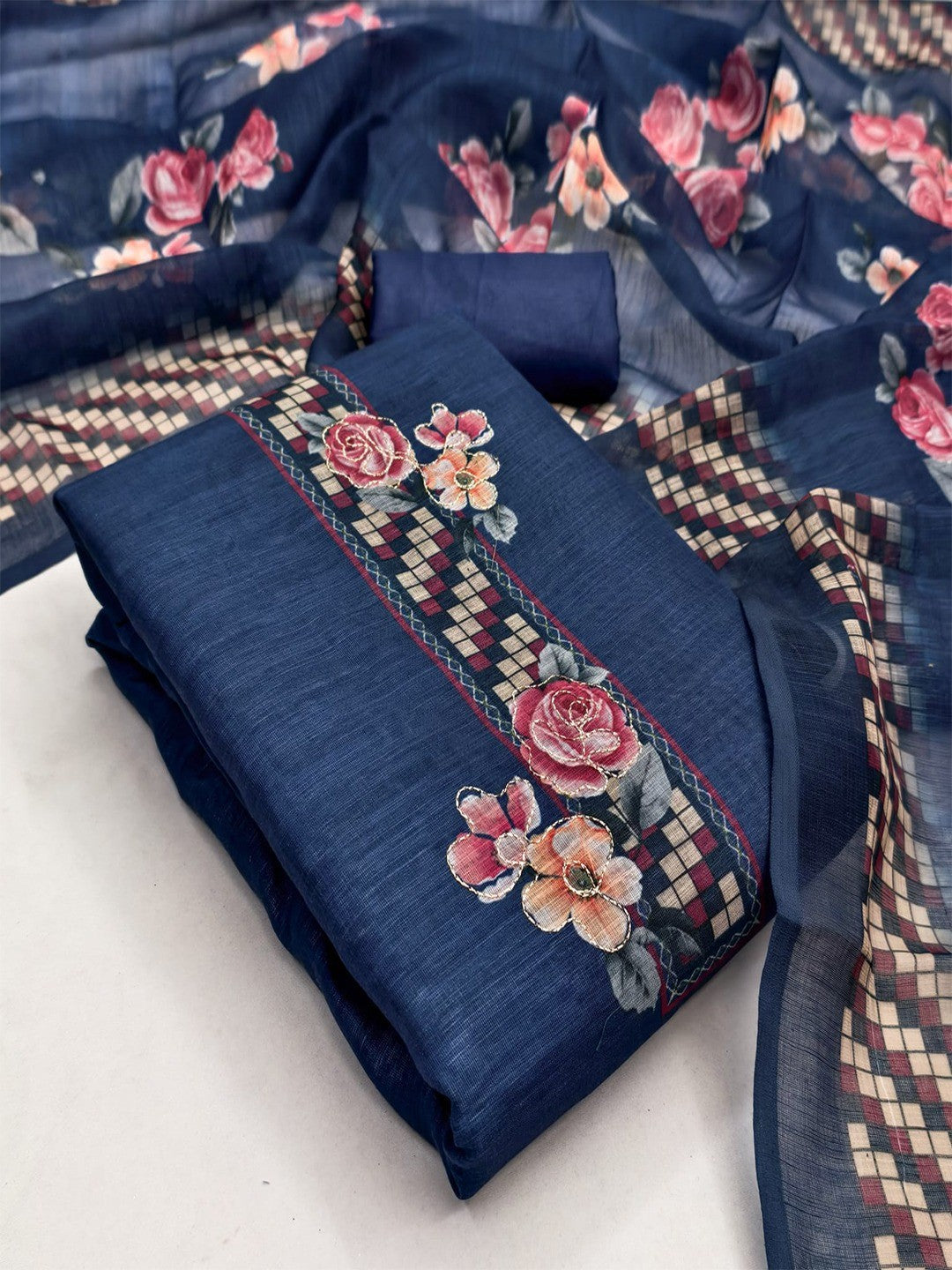 Elegant Navy Blue Floral Printed Linen Cotton Dress Material Featuring Hand Emboidery Work