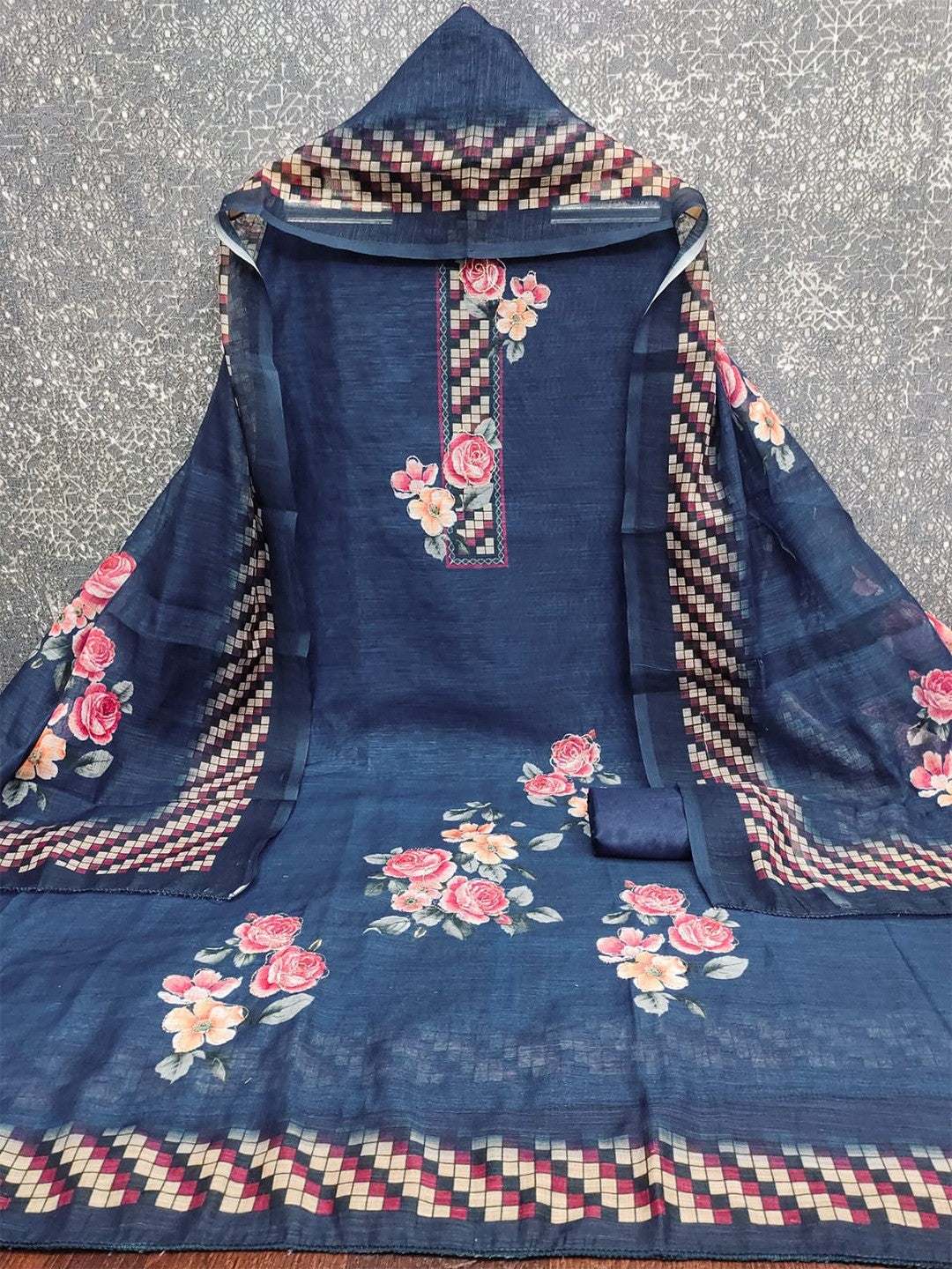 Elegant Navy Blue Floral Printed Linen Cotton Dress Material Featuring Hand Emboidery Work