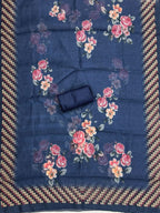 Elegant Navy Blue Floral Printed Linen Cotton Dress Material Featuring Hand Emboidery Work