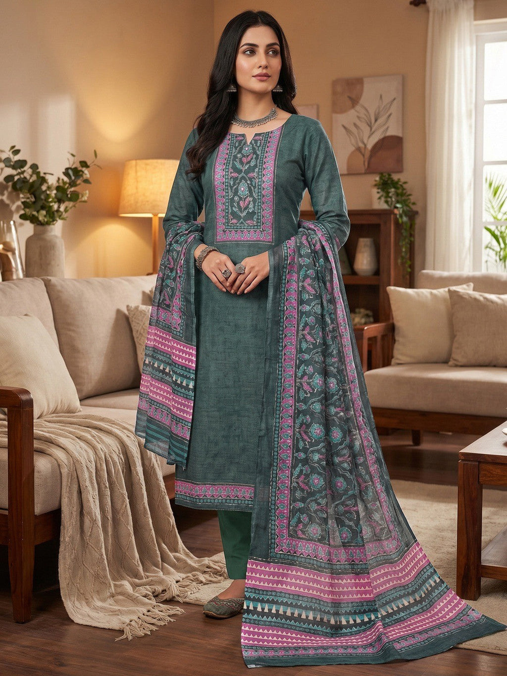 Stylish Deep Teal Green Floral Digital Printed Linen Cotton Dress Material With Khatli & Beads Work
