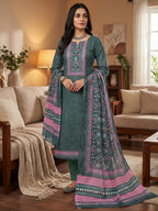 Stylish Deep Teal Green Floral Digital Printed Linen Cotton Dress Material With Khatli & Beads Work