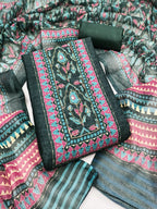 Stylish Deep Teal Green Floral Digital Printed Linen Cotton Dress Material With Khatli & Beads Work