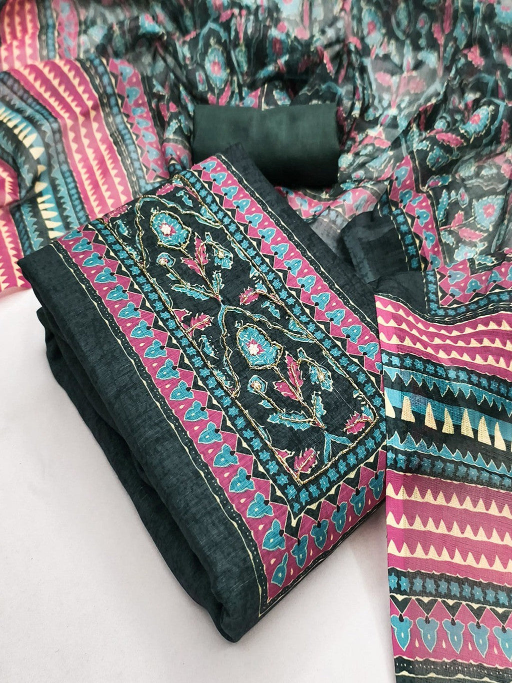 Stylish Deep Teal Green Floral Digital Printed Linen Cotton Dress Material With Khatli & Beads Work