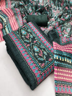 Stylish Deep Teal Green Floral Digital Printed Linen Cotton Dress Material With Khatli & Beads Work