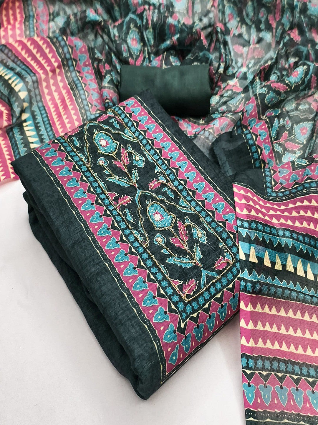 Stylish Deep Teal Green Floral Digital Printed Linen Cotton Dress Material With Khatli & Beads Work