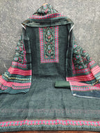 Stylish Deep Teal Green Floral Digital Printed Linen Cotton Dress Material With Khatli & Beads Work