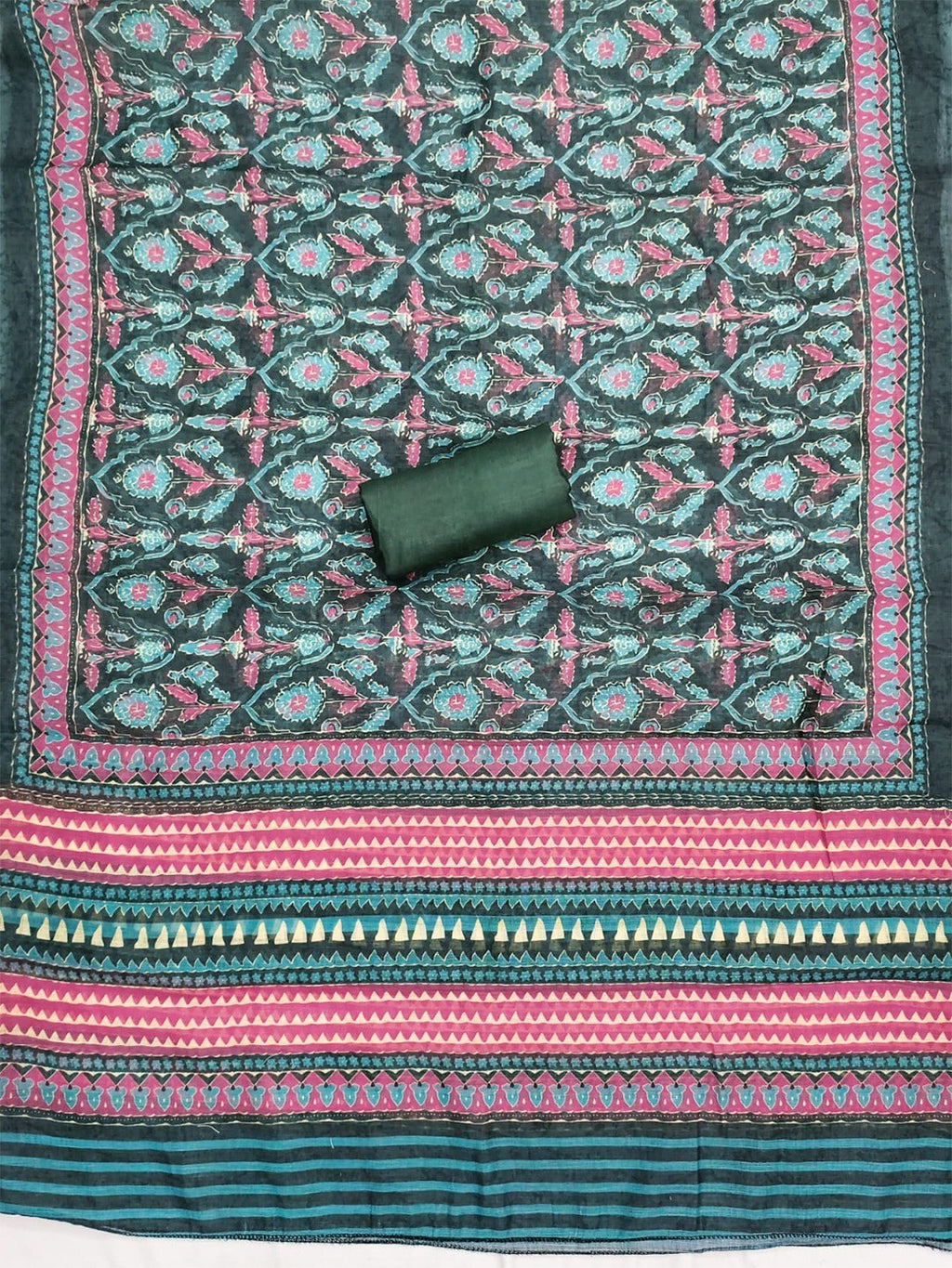 Stylish Deep Teal Green Floral Digital Printed Linen Cotton Dress Material With Khatli & Beads Work