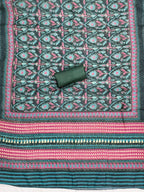 Stylish Deep Teal Green Floral Digital Printed Linen Cotton Dress Material With Khatli & Beads Work