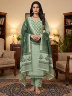 Premium Sage Green Floral Digital Print Linen Cotton Dress Material With Mirror Embroidery Work