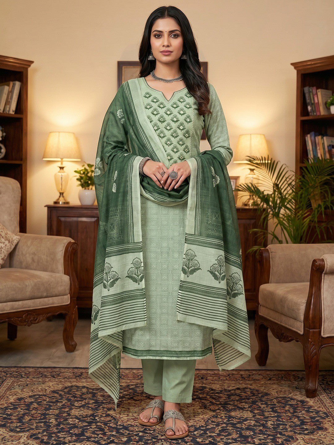 Premium Sage Green Floral Digital Print Linen Cotton Dress Material With Mirror Embroidery Work