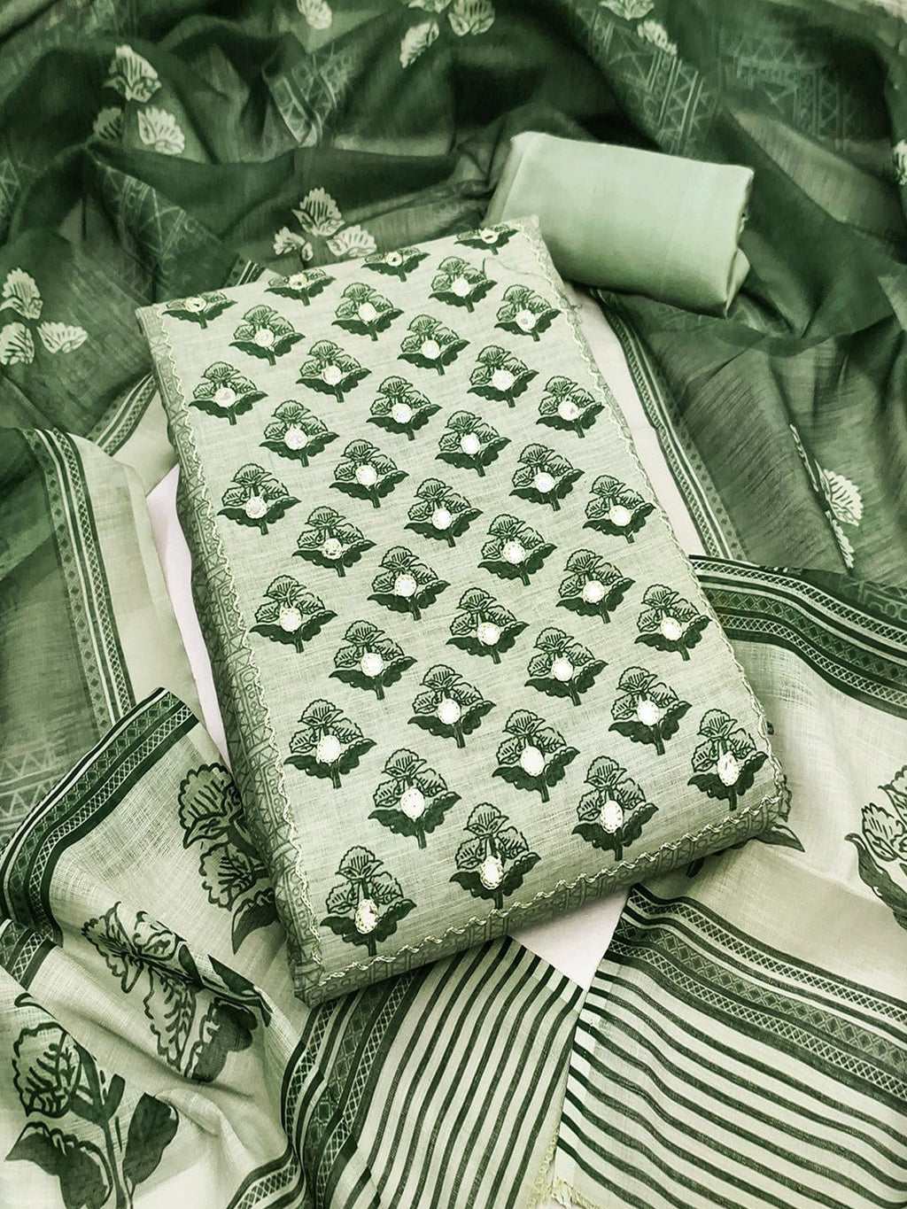 Premium Sage Green Floral Digital Print Linen Cotton Dress Material With Mirror Embroidery Work