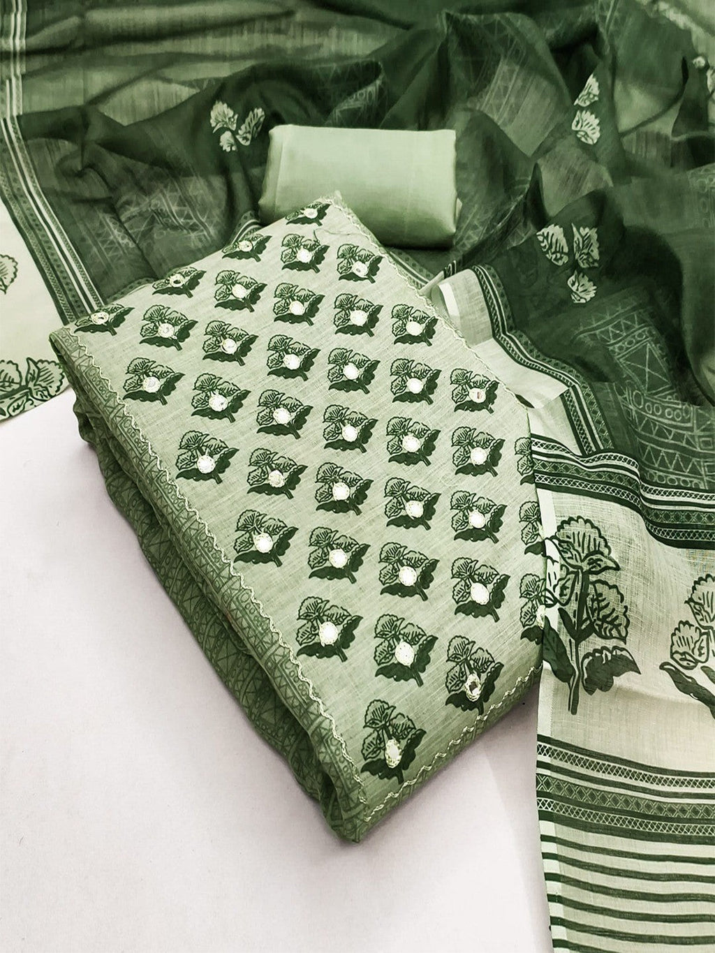 Premium Sage Green Floral Digital Print Linen Cotton Dress Material With Mirror Embroidery Work