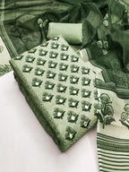 Premium Sage Green Floral Digital Print Linen Cotton Dress Material With Mirror Embroidery Work