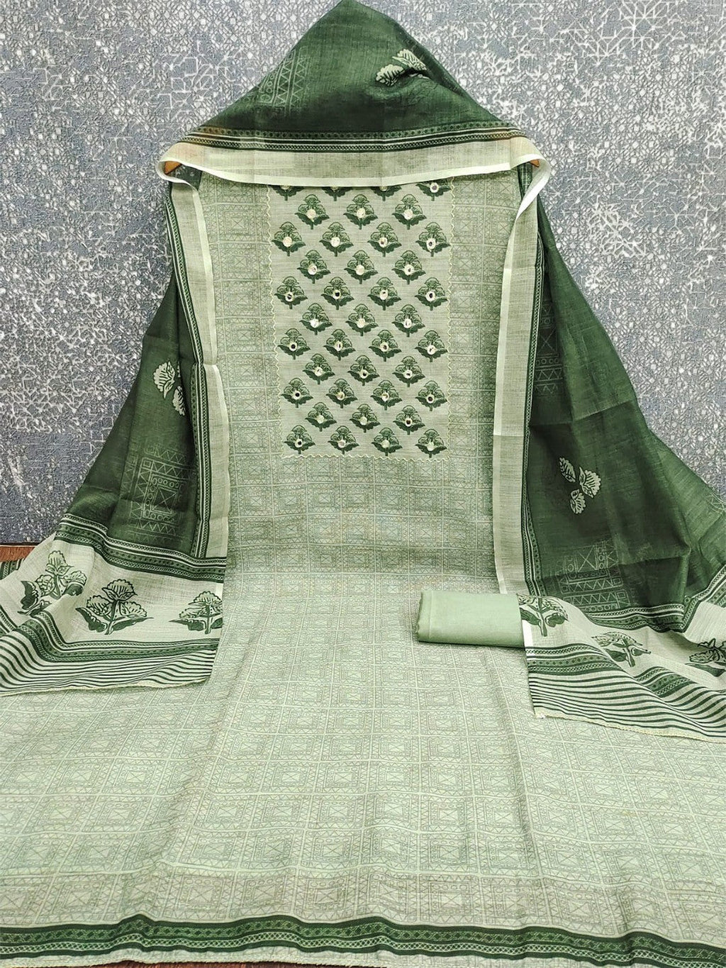 Premium Sage Green Floral Digital Print Linen Cotton Dress Material With Mirror Embroidery Work