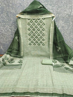 Premium Sage Green Floral Digital Print Linen Cotton Dress Material With Mirror Embroidery Work