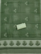 Premium Sage Green Floral Digital Print Linen Cotton Dress Material With Mirror Embroidery Work