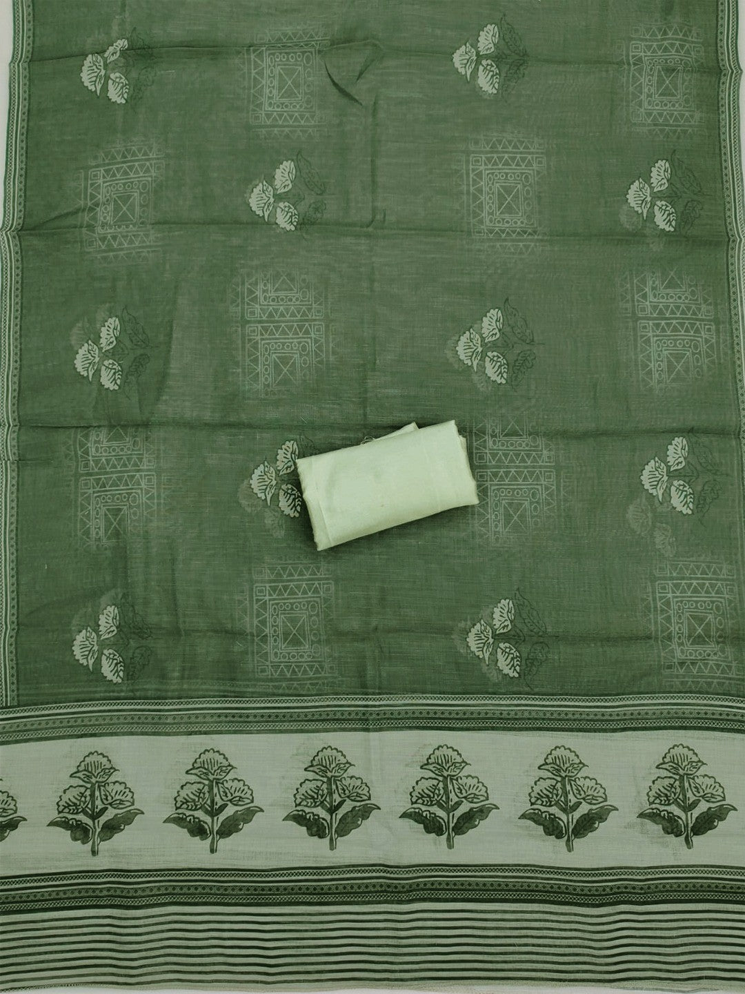 Premium Sage Green Floral Digital Print Linen Cotton Dress Material With Mirror Embroidery Work