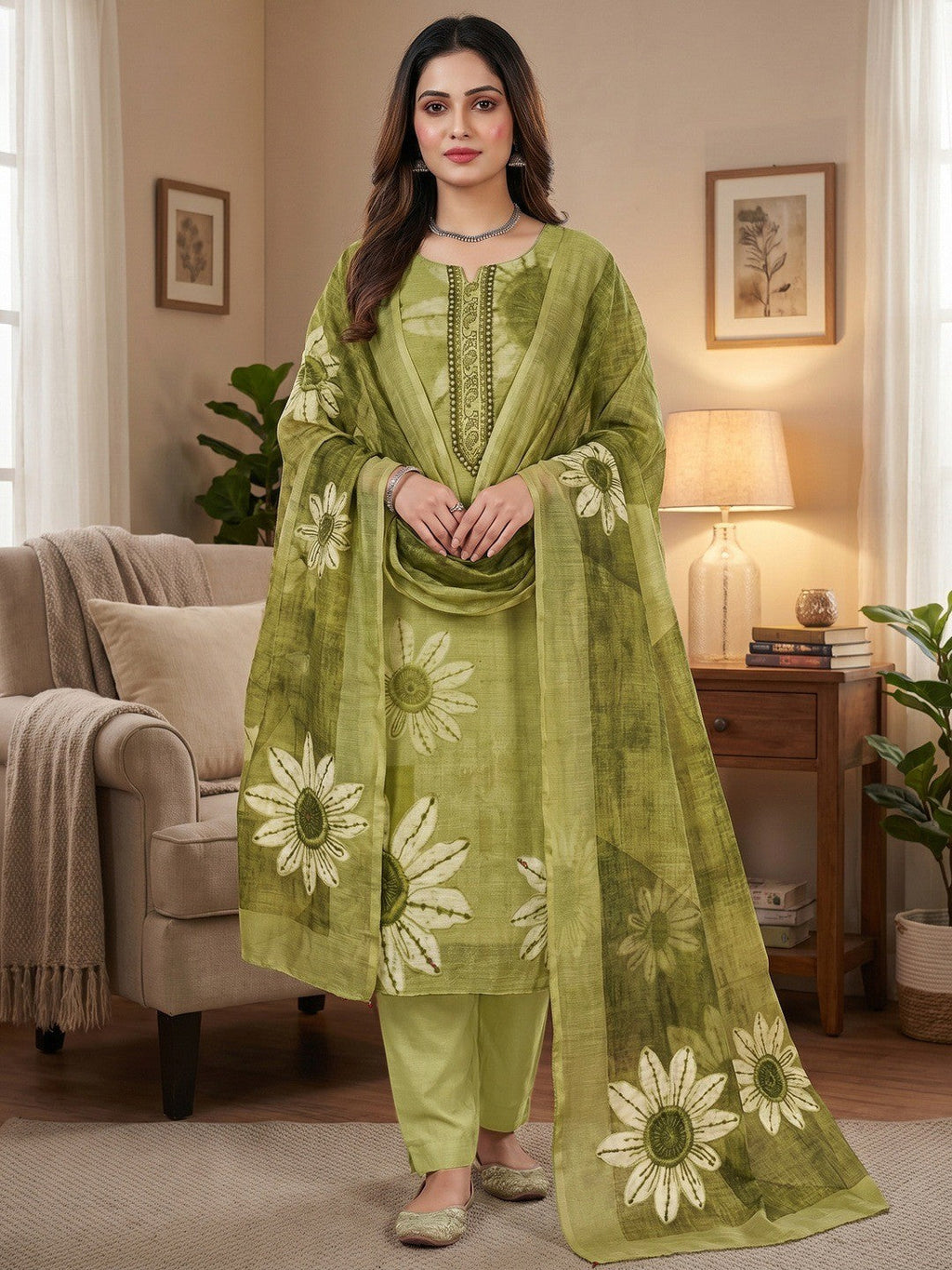 Graceful Olive Green Floral Digital Printed Linen Cotton Dress Material With Khatli & Beads Work