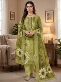 Graceful Olive Green Floral Digital Printed Linen Cotton Dress Material With Khatli & Beads Work