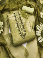 Graceful Olive Green Floral Digital Printed Linen Cotton Dress Material With Khatli & Beads Work