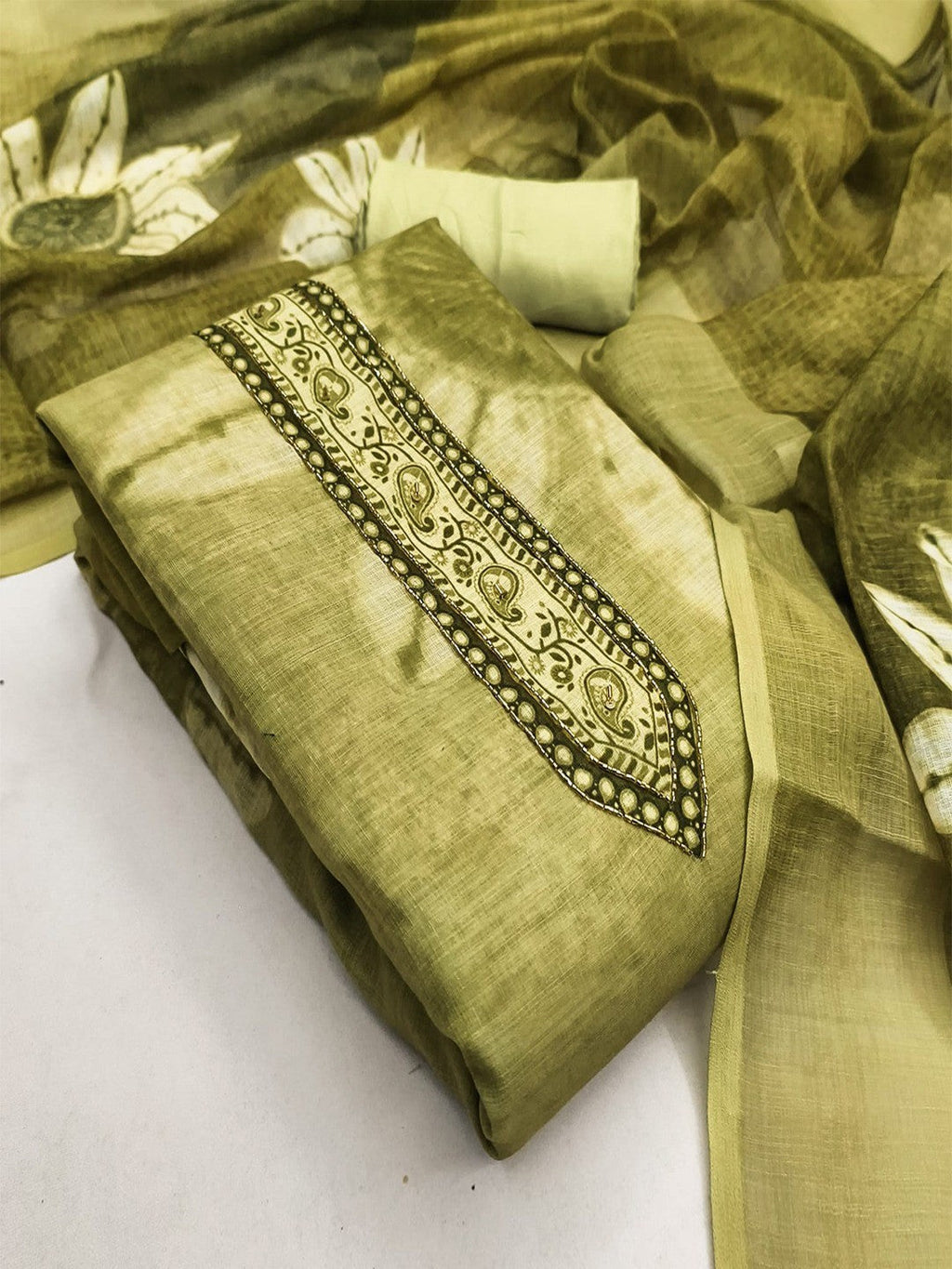 Graceful Olive Green Floral Digital Printed Linen Cotton Dress Material With Khatli & Beads Work