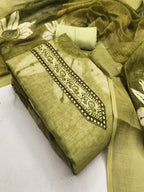 Graceful Olive Green Floral Digital Printed Linen Cotton Dress Material With Khatli & Beads Work