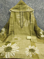 Graceful Olive Green Floral Digital Printed Linen Cotton Dress Material With Khatli & Beads Work