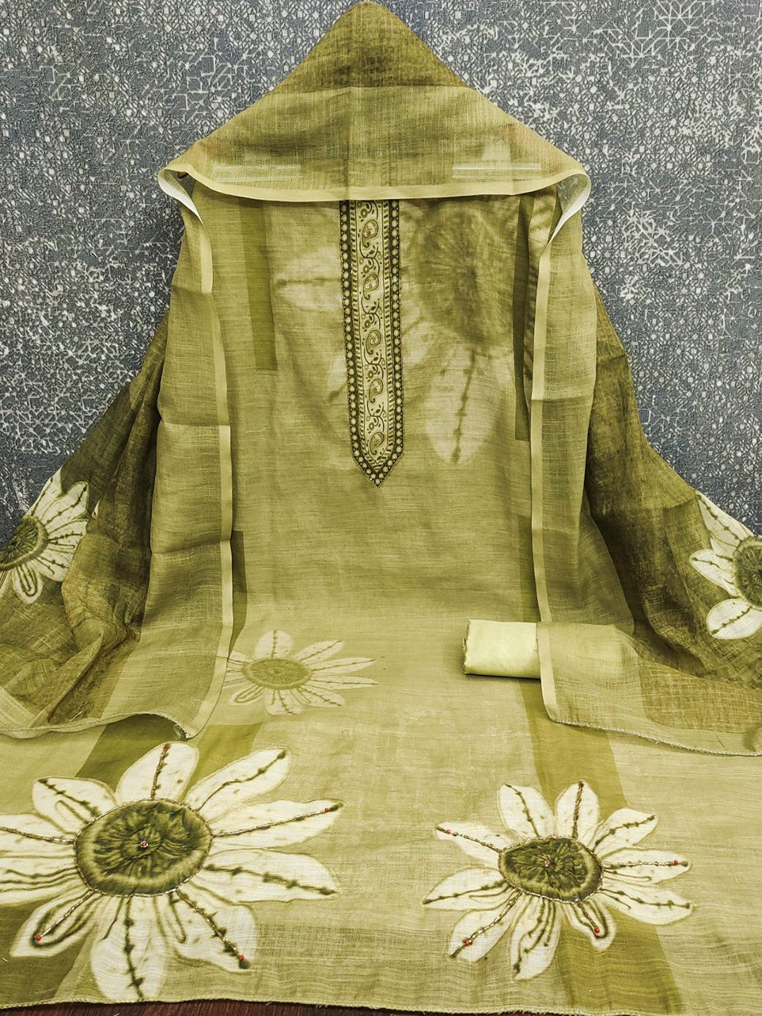 Graceful Olive Green Floral Digital Printed Linen Cotton Dress Material With Khatli & Beads Work