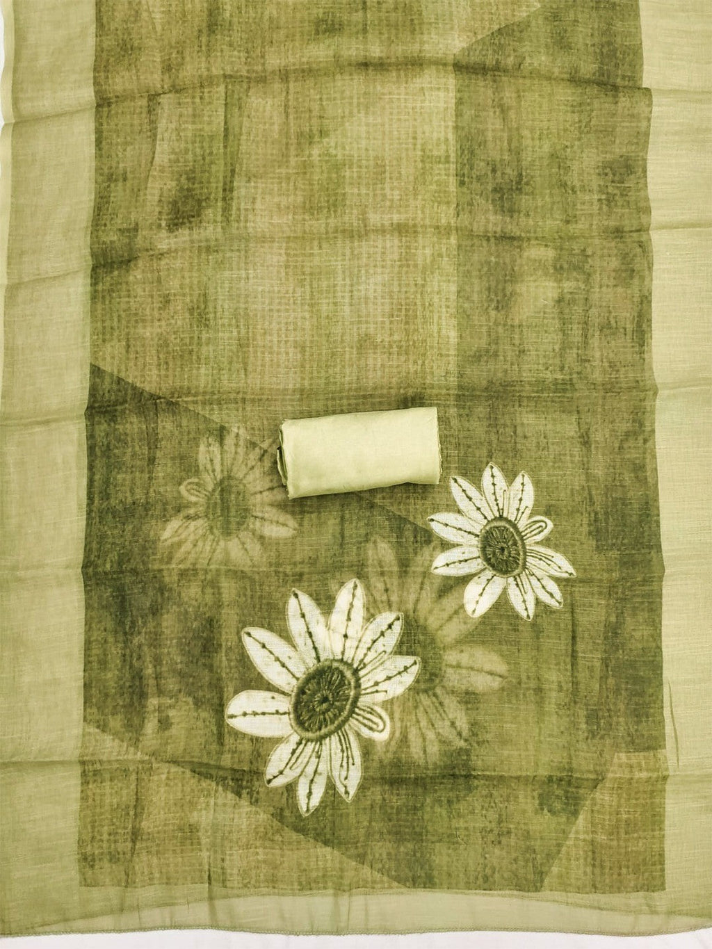Graceful Olive Green Floral Digital Printed Linen Cotton Dress Material With Khatli & Beads Work