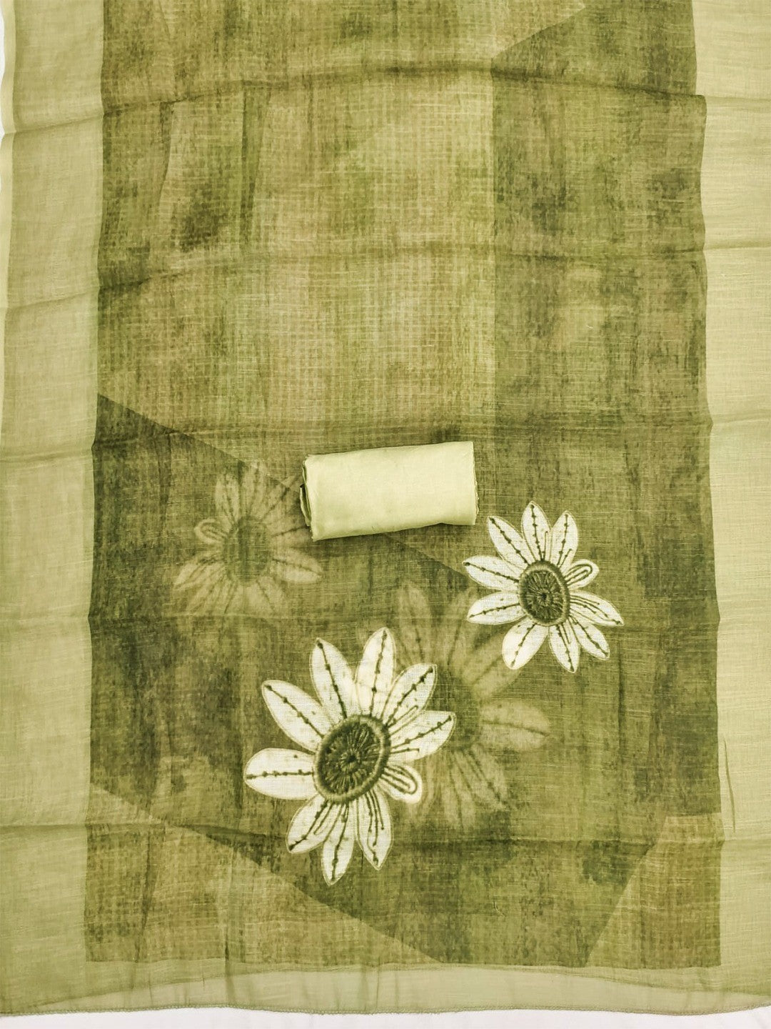 Graceful Olive Green Floral Digital Printed Linen Cotton Dress Material With Khatli & Beads Work