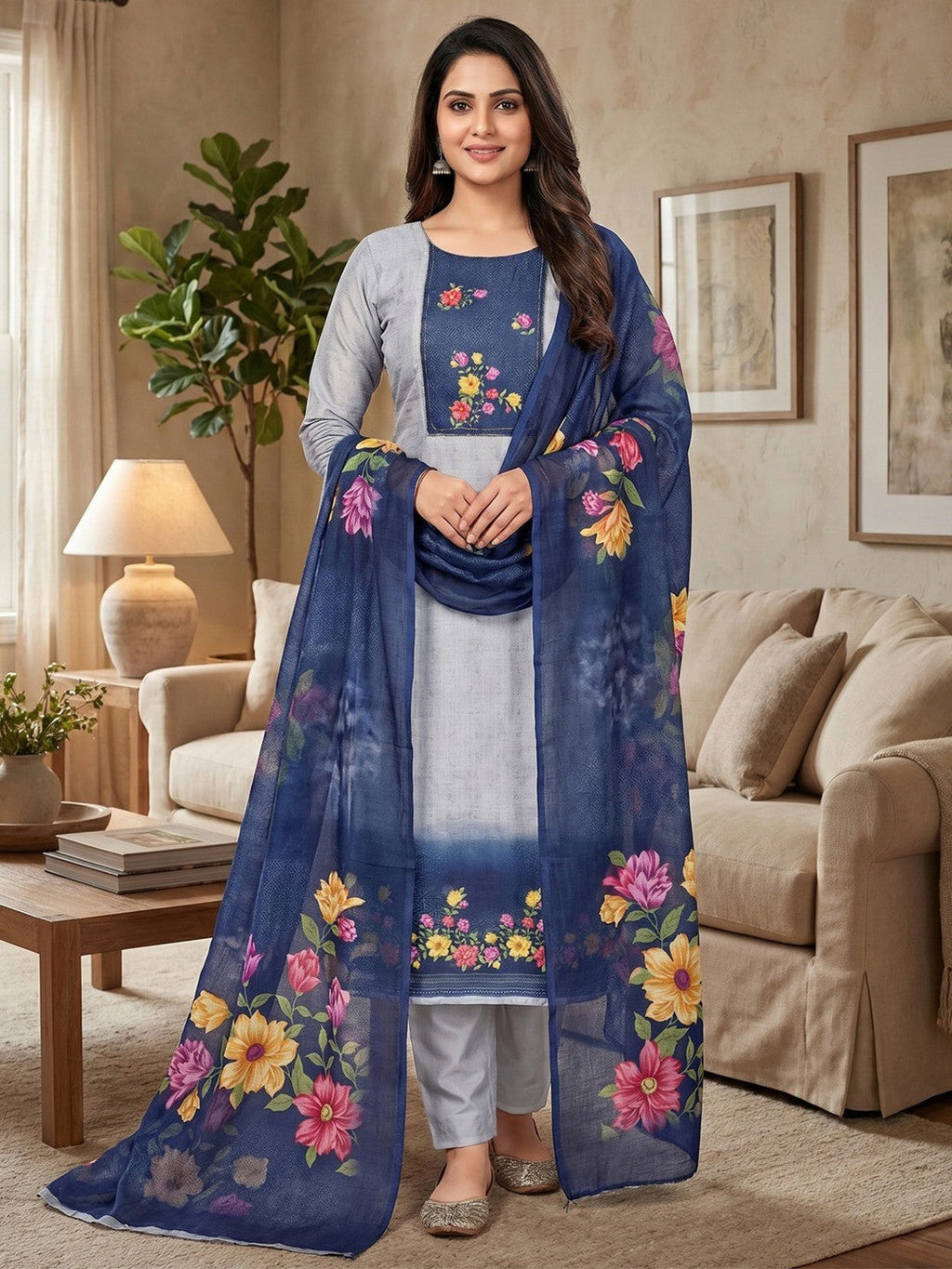 Designer Grey & Navy Blue Floral Print Linen Cotton Dress Material Adorned With Khatli Beads Work