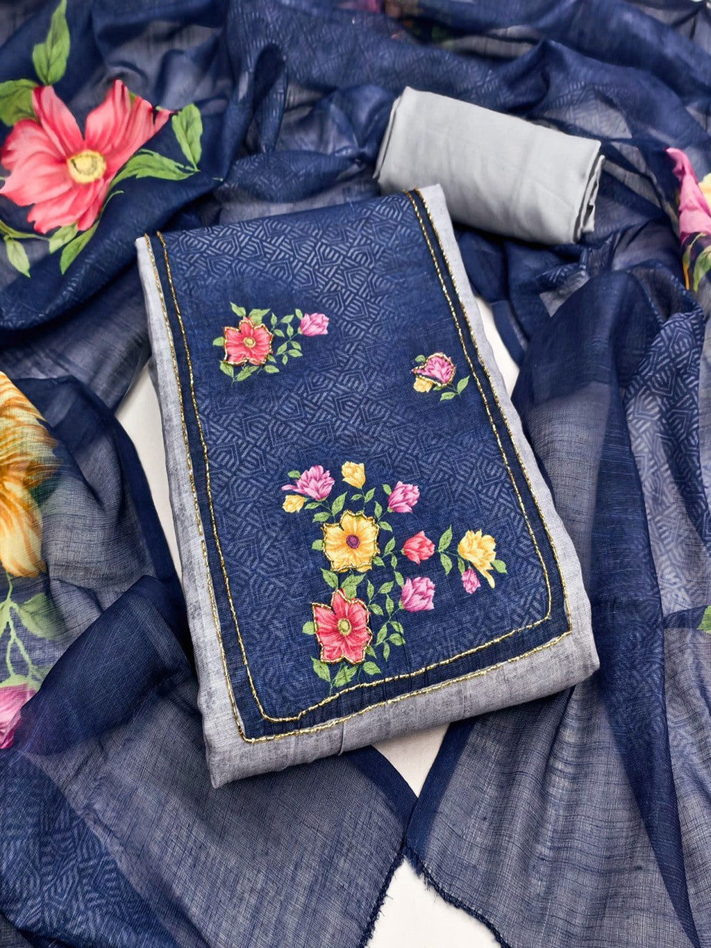 Designer Grey & Navy Blue Floral Print Linen Cotton Dress Material Adorned With Khatli Beads Work