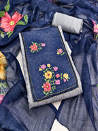 Designer Grey & Navy Blue Floral Print Linen Cotton Dress Material Adorned With Khatli Beads Work